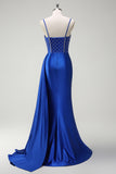 Royal Blue Mermaid Beaded Corset Prom Dress with Sash