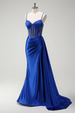 Royal Blue Mermaid Beaded Corset Prom Dress with Sash