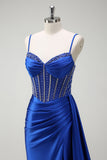 Royal Blue Mermaid Beaded Corset Prom Dress with Sash