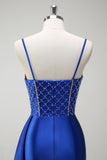 Royal Blue Mermaid Beaded Corset Prom Dress with Sash