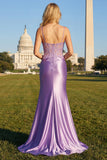 Lilac Corset Spaghetti Straps Mermaid Prom Dress with Appliques and Slit