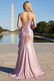 Glitter Strapless Mermaid Corset Pink Prom Dress With Ruffles
