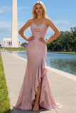 Glitter Strapless Mermaid Corset Pink Prom Dress With Ruffles