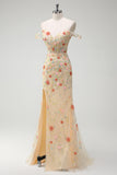 Floral Champagne Sequin Off the Shoulder Mermaid Prom Dress with Split