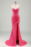 Sparkly Fuchsia Ruched Mermaid Floor Length Prom Dress with Slit