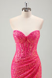 Sparkly Fuchsia Ruched Mermaid Floor Length Prom Dress with Slit