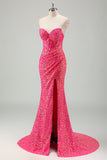 Sparkly Fuchsia Ruched Mermaid Floor Length Prom Dress with Slit