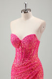 Sparkly Fuchsia Ruched Mermaid Floor Length Prom Dress with Slit