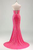 Sparkly Fuchsia Ruched Mermaid Floor Length Prom Dress with Slit