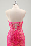 Sparkly Fuchsia Ruched Mermaid Floor Length Prom Dress with Slit