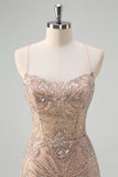 Champagne Tulle Sequined Mermaid Prom Dress with Lace-up Back