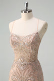 Champagne Tulle Sequined Mermaid Prom Dress with Lace-up Back