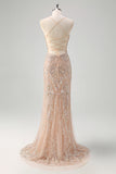 Champagne Tulle Sequined Mermaid Prom Dress with Lace-up Back