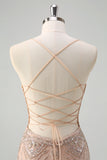 Champagne Tulle Sequined Mermaid Prom Dress with Lace-up Back