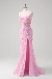 Fairy Pink Sequined Tulle Slit Prom Dress with 3D Appliques