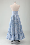 Blue Floral A Line Pleated Strapless Prom Dress with Belt