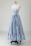 Blue Floral A Line Pleated Strapless Prom Dress with Belt