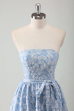 Blue Floral A Line Pleated Strapless Prom Dress with Belt