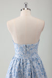 Blue Floral A Line Pleated Strapless Prom Dress with Belt