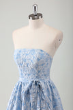 Blue Floral A Line Pleated Strapless Prom Dress with Belt