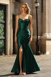 Dark Green Corset Beaded Ruched Mermaid Prom Dress With Slit