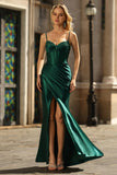 Dark Green Corset Beaded Ruched Mermaid Prom Dress With Slit