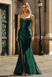 Dark Green Corset Beaded Ruched Mermaid Prom Dress With Slit