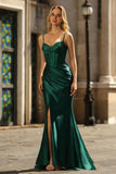 Dark Green Corset Beaded Ruched Mermaid Prom Dress With Slit