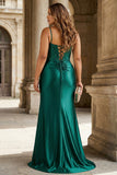 Dark Green Mermaid Beaded Satin Plus Size Corset Prom Dress