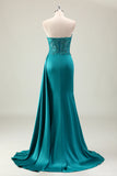 Green Corset Mermaid Strapless Slit Prom Dress with Appliques