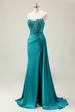 Green Corset Mermaid Strapless Slit Prom Dress with Appliques