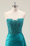 Green Corset Mermaid Strapless Slit Prom Dress with Appliques