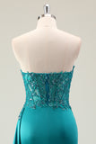 Green Corset Mermaid Strapless Slit Prom Dress with Appliques