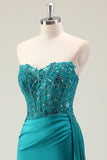 Green Corset Mermaid Strapless Slit Prom Dress with Appliques