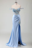 Fairy Sky Blue Off the Shoulder Side Slit Corset Prom Dress with Appliques