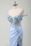 Fairy Sky Blue Off the Shoulder Side Slit Corset Prom Dress with Appliques