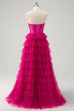 Fuchsia Tiered Tulle Sweetheart Corset Prom Dress with Slit