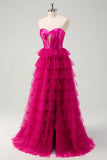 Fuchsia Tiered Tulle Sweetheart Corset Prom Dress with Slit