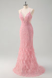 Pink Sequin Halter Mermaid Prom Dress with Lace-up Back