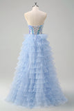 A Line Blue Tiered Tulle Corset Beading Mirror Strapless Prom Dress