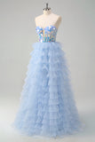 A Line Blue Tiered Tulle Corset Beading Mirror Strapless Prom Dress