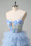 A Line Blue Tiered Tulle Corset Beading Mirror Strapless Prom Dress