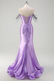 Lilac Corset Ruched Cold Shoulder Satin Mermaid Prom Dress with Slit