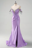 Lilac Corset Ruched Cold Shoulder Satin Mermaid Prom Dress with Slit