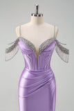 Lilac Corset Ruched Cold Shoulder Satin Mermaid Prom Dress with Slit