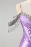 Lilac Corset Ruched Cold Shoulder Satin Mermaid Prom Dress with Slit
