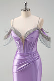 Lilac Corset Ruched Cold Shoulder Satin Mermaid Prom Dress with Slit