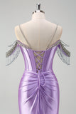 Lilac Corset Ruched Cold Shoulder Satin Mermaid Prom Dress with Slit