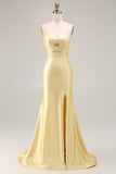 Yellow Strapless Mermaid Cut Out Beaded Prom Dress With Slit