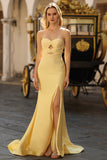 Yellow Strapless Mermaid Cut Out Beaded Prom Dress With Slit